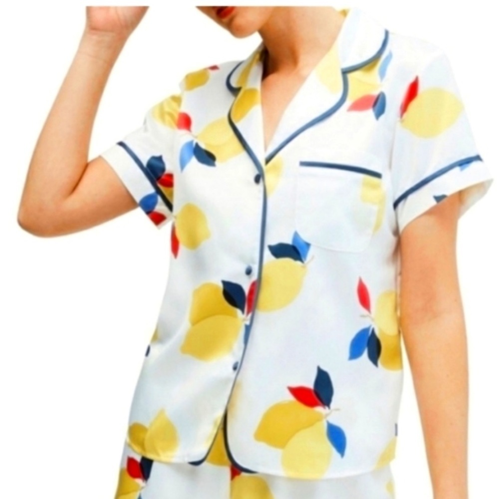 Kate Spade Satin Lemon Short Sleeve Button Front Pajama Top  Medium
